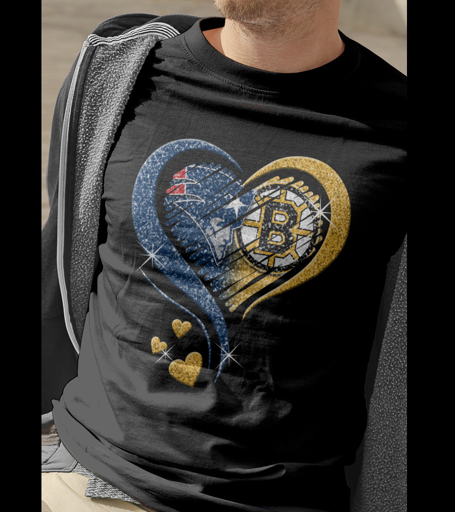 New England Patriots Boston Bruins Heart Design T-Shirt