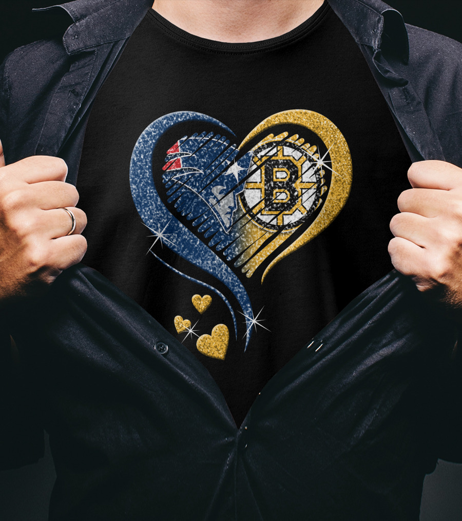 New England Patriots Boston Bruins Heart Design T-Shirt