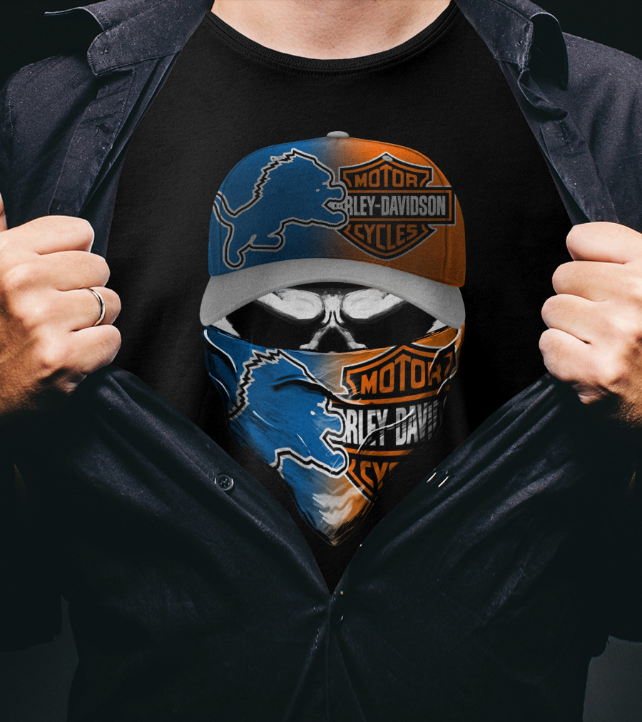 Detroit Lions Harley Davidson Motorcycles Skull Mask T-Shirt