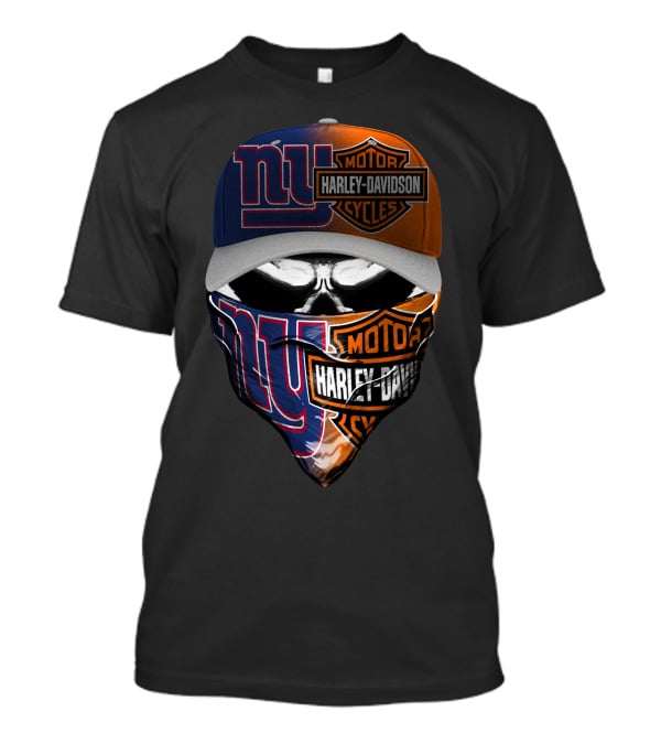 New York Giants And Harley Davidson Crossover Skull Mask Hat T-Shirt