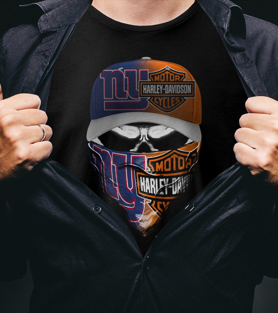 New York Giants And Harley Davidson Crossover Skull Mask Hat T-Shirt