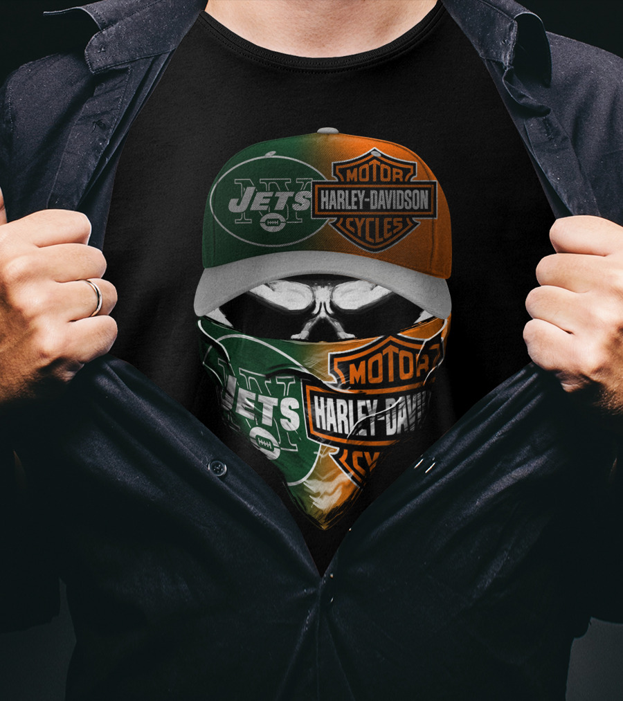 New York Jets Harley Davidson Motorcycles Mashup 24Hl Cap And Bandana T-Shirt