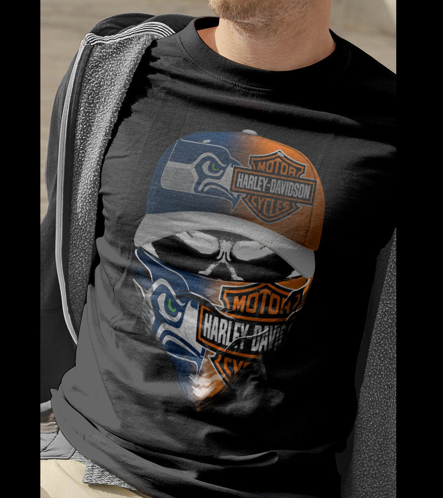 Seattle Seahawks Harley Davidson Collaboration Skull Face T-Shirt