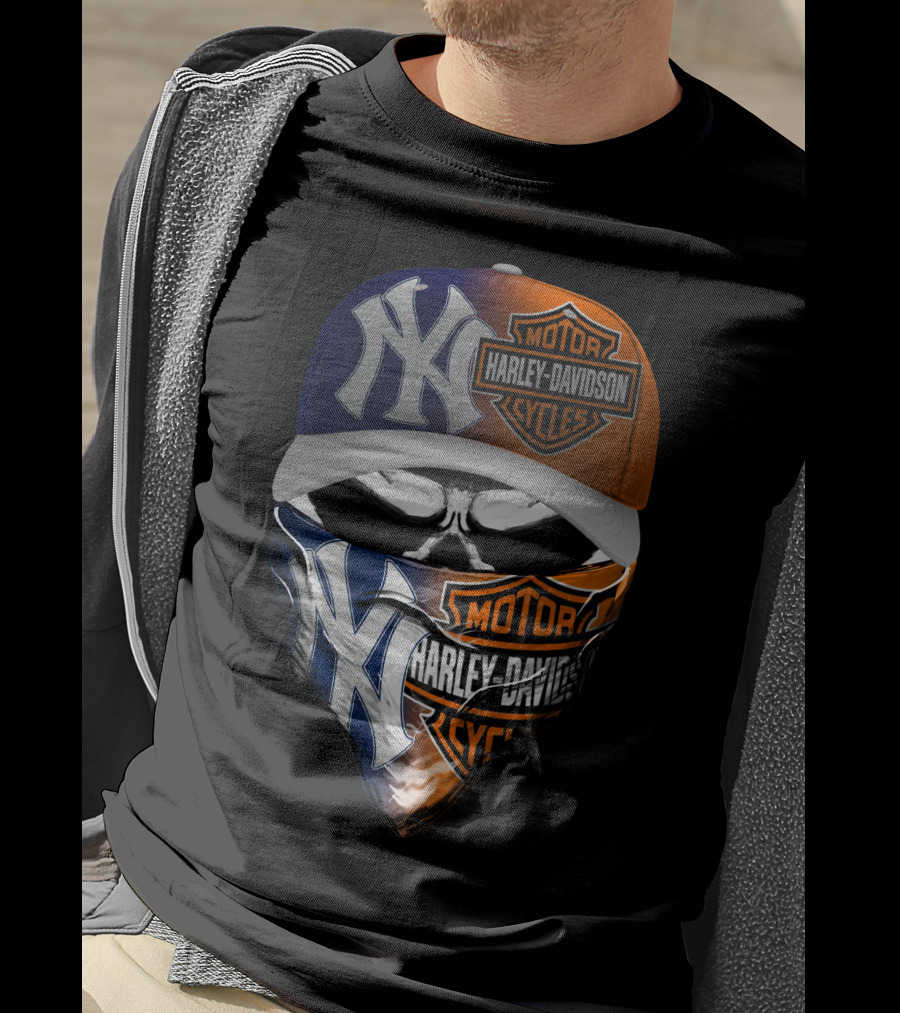 New York Yankees Harley Davidson Motorcycles Skull Mask Hat T-Shirt