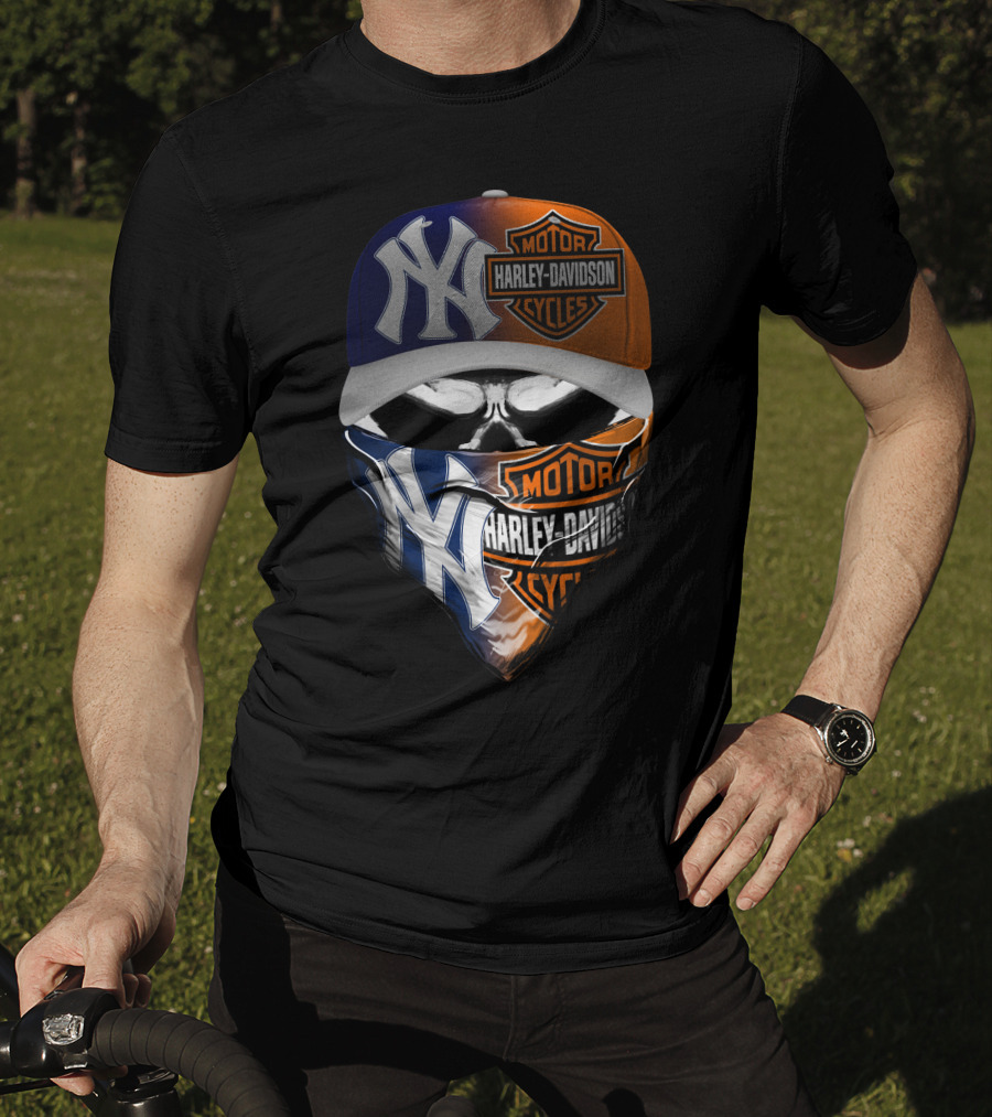 New York Yankees Harley Davidson Motorcycles Skull Mask Hat T-Shirt