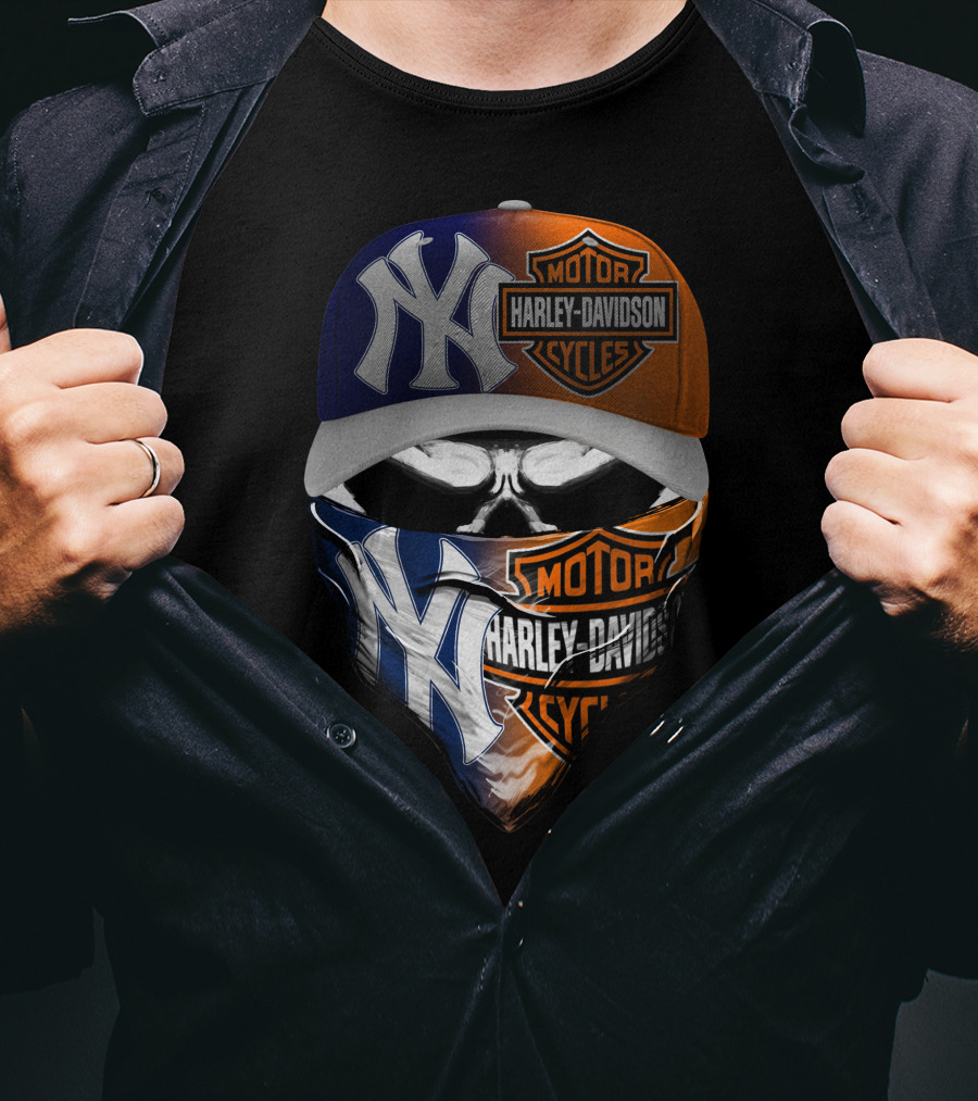 New York Yankees Harley Davidson Motorcycles Skull Mask Hat T-Shirt