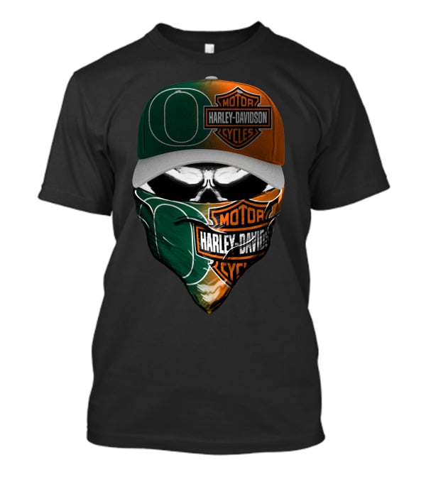 Harley Davidson Motor Cycles With Green And Orange Skull Mask Logo Mashup T-Shirt