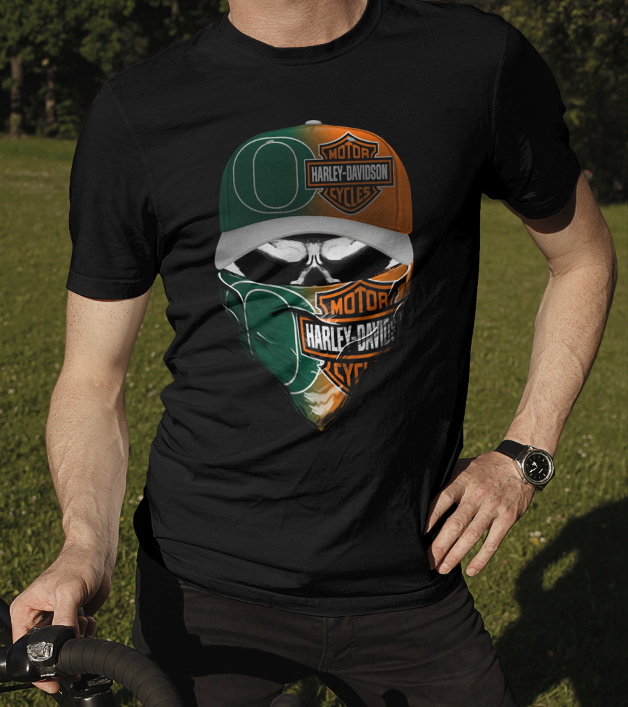 Harley Davidson Motor Cycles With Green And Orange Skull Mask Logo Mashup T-Shirt