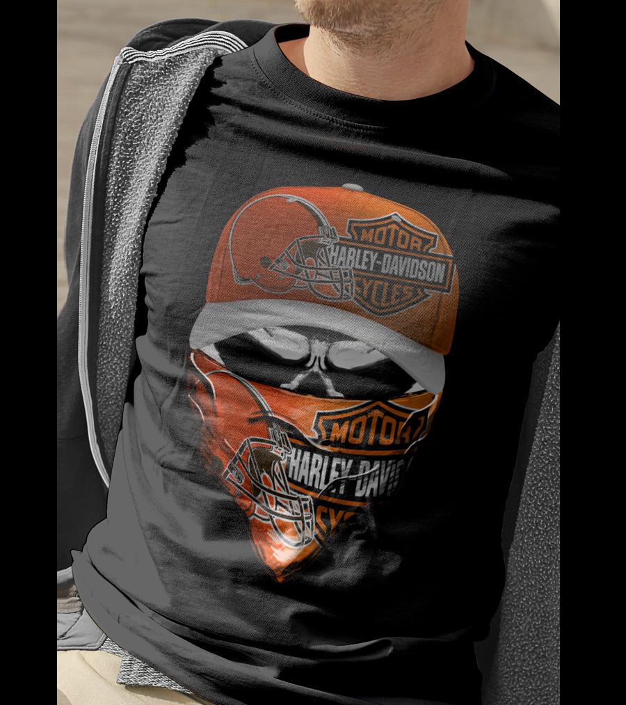 Harley Davidson Motorcycles Cleveland Browns Skull Cap And Bandana T-Shirt
