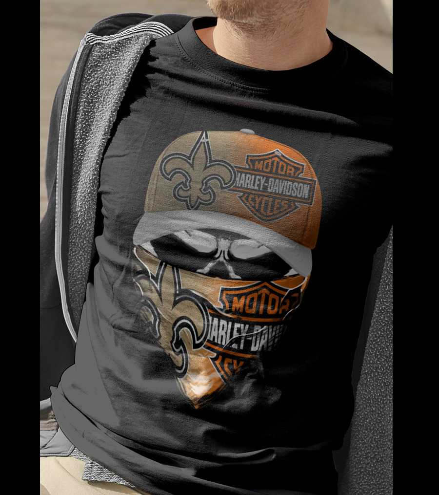 Harley Davidson New Orleans Saints Fleur-De-Lis Skull Mask Hat T-Shirt