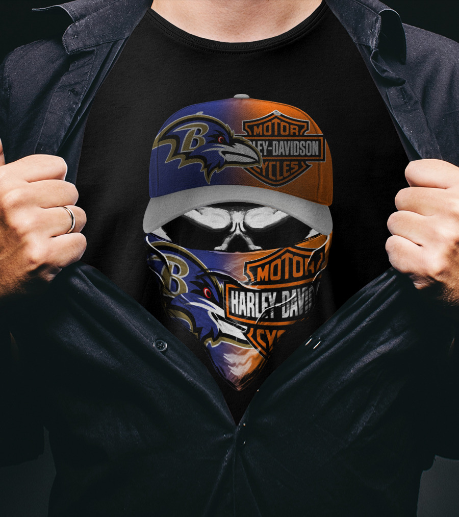 Baltimore Ravens Harley Davidson Motorcycles Skull Face Cover Hat T-Shirt