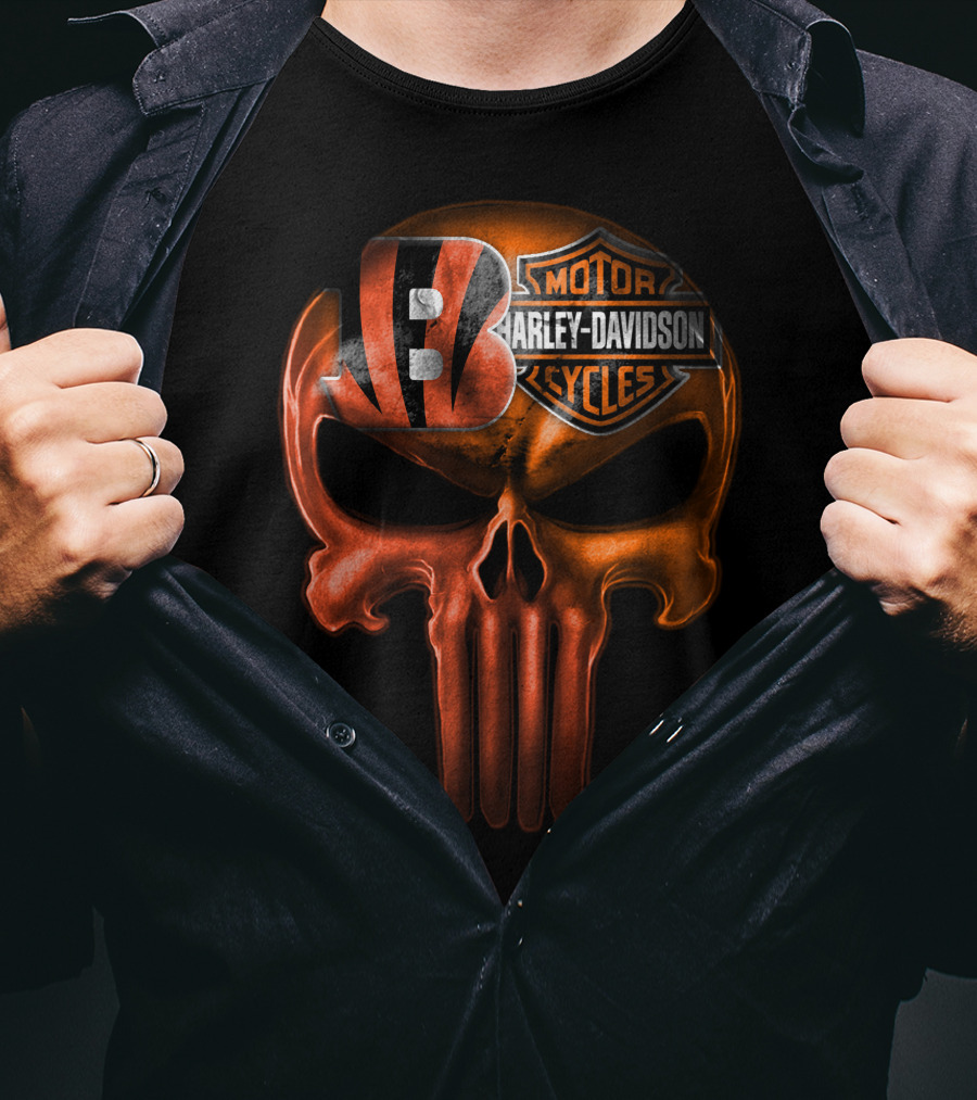 Cincinnati Bengals Harley Davidson Punisher Skull T-Shirt