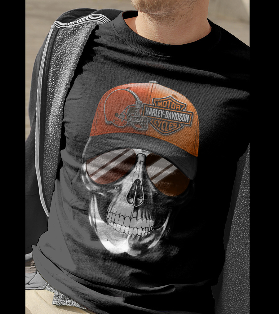 Cleveland Browns Harley Davidson Skull Sunglasses T-Shirt