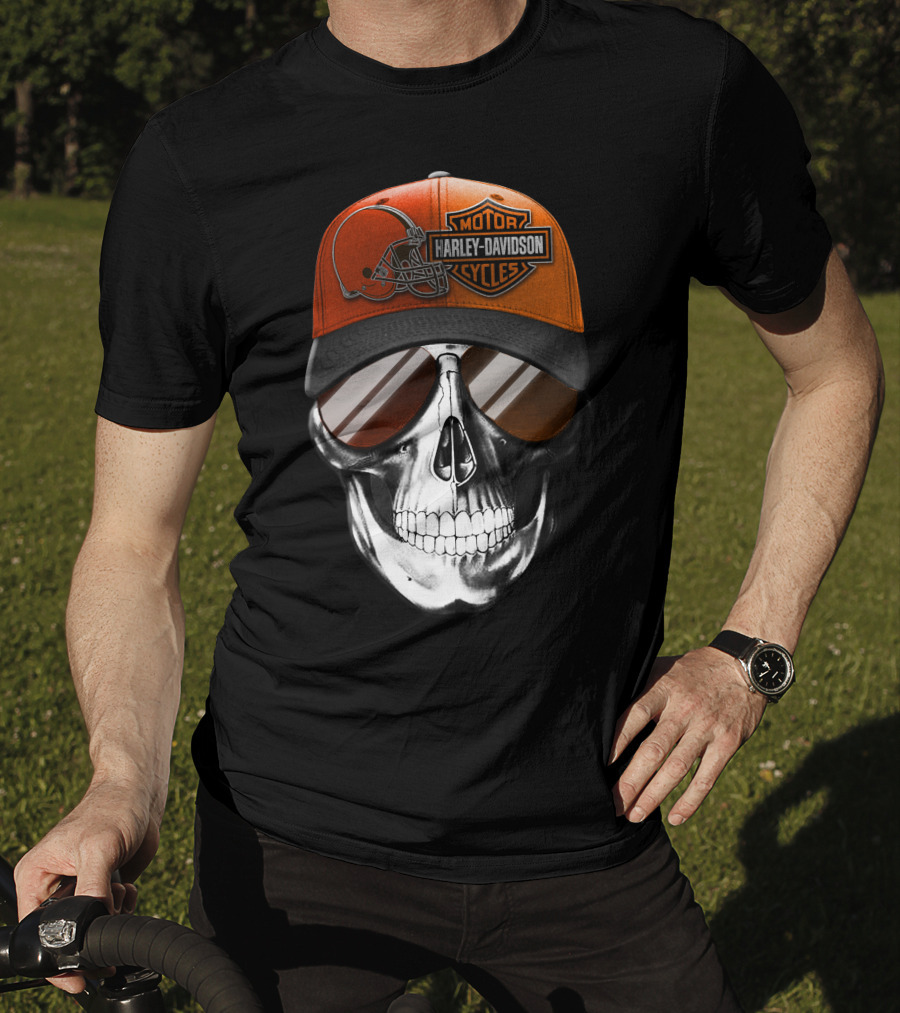 Cleveland Browns Harley Davidson Skull Sunglasses T-Shirt