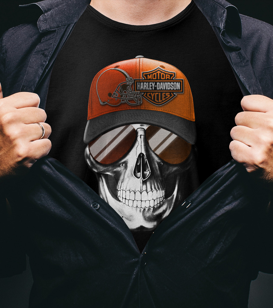 Cleveland Browns Harley Davidson Skull Sunglasses T-Shirt