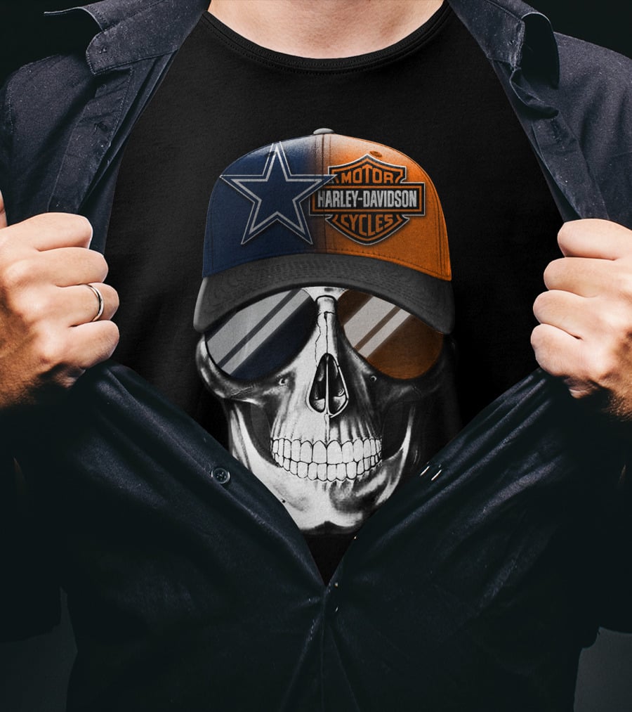Harley Davidson Motor Cycles Dallas Cowboys Skull Hat T-Shirt