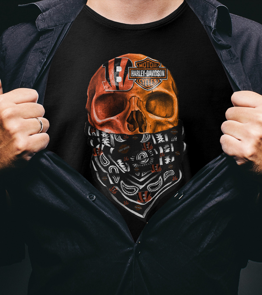 Cincinnati Bengals Harley Davidson Skull Bandana T-Shirt