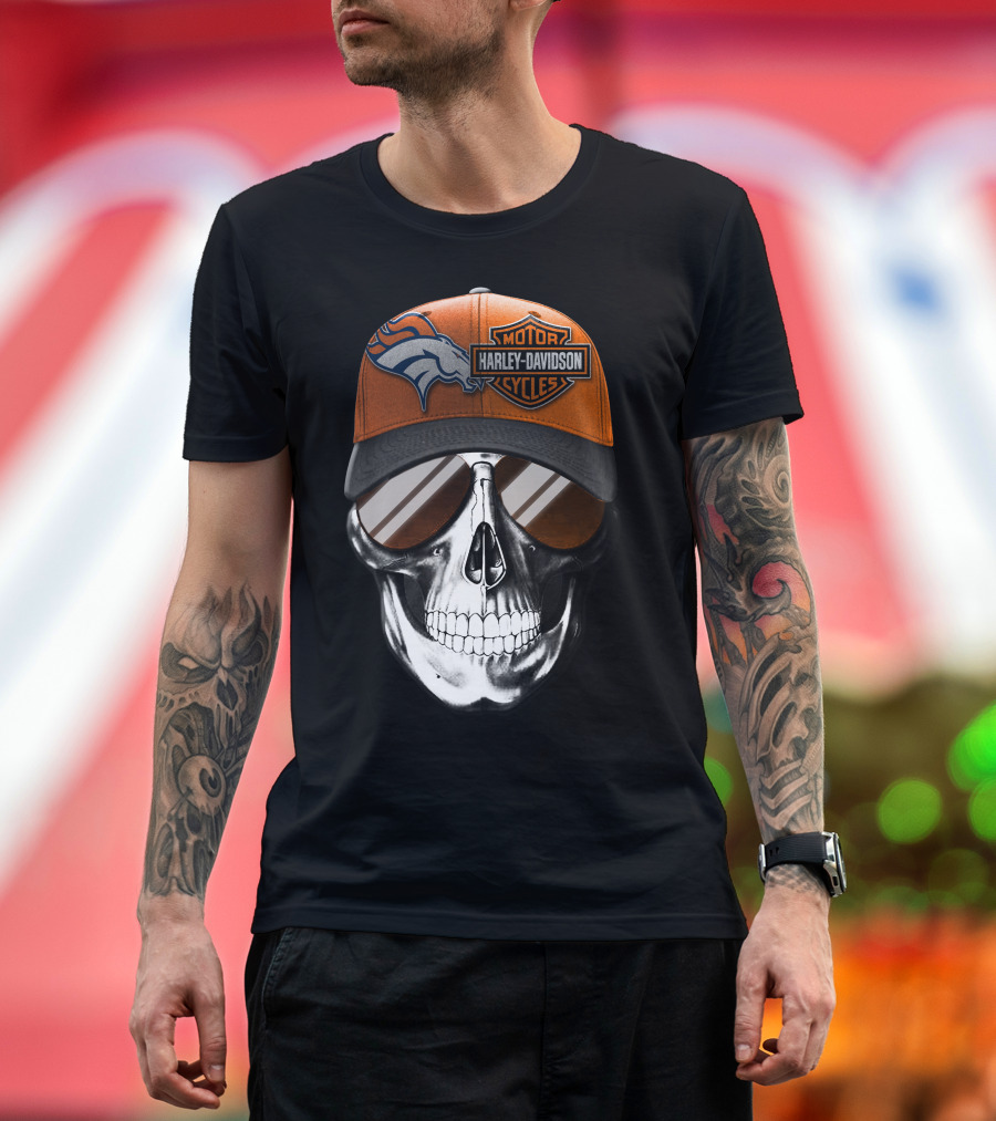 Harley Davidson Motorcycles Skull With Denver Broncos Cap T-Shirt