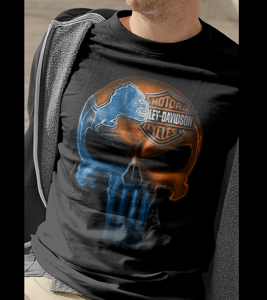 Detroit Lions Harley Davidson Motorcycles Punisher Skull T-Shirt