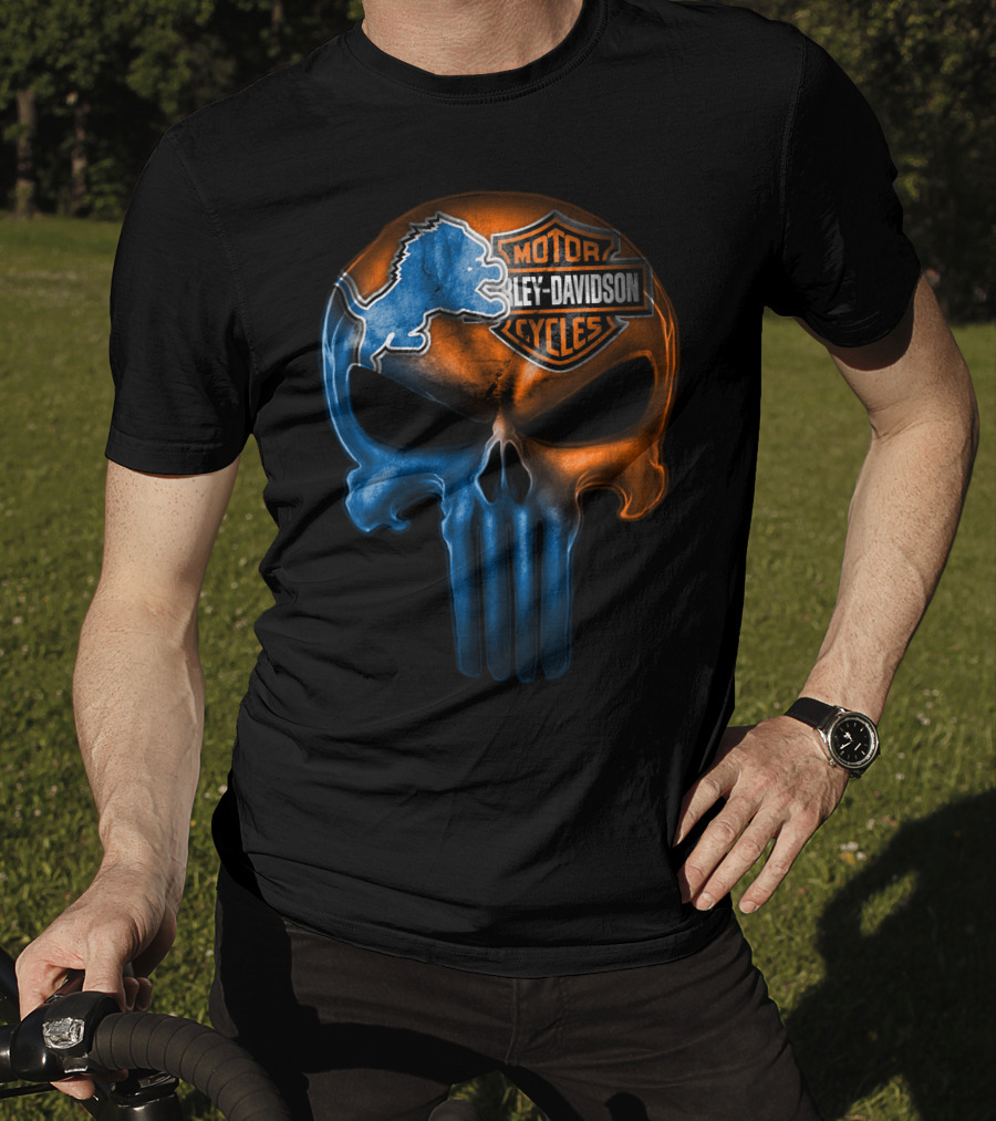 Detroit Lions Harley Davidson Motorcycles Punisher Skull T-Shirt