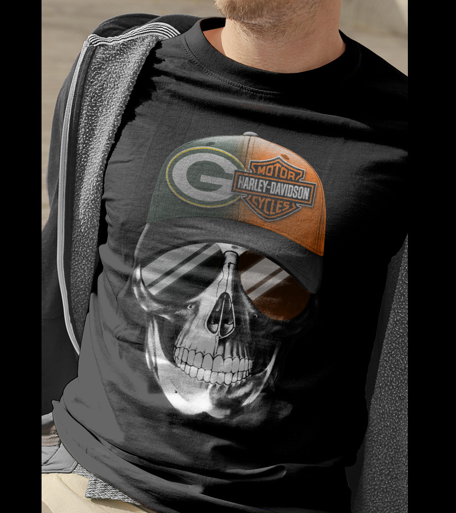 Green Bay Packers Harley Davidson Skull Cap T-Shirt