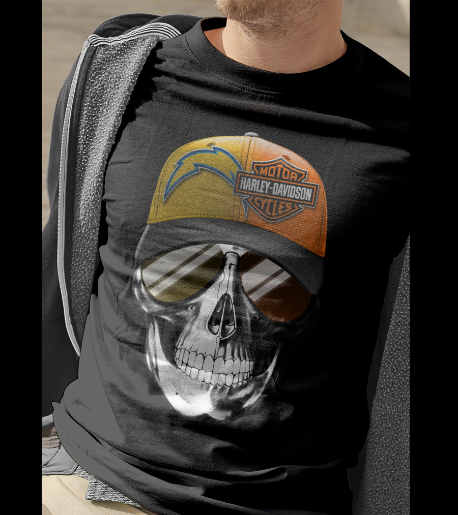 Los Angeles Chargers And Harley Davidson Motorcycle Skull Cap T-Shirt