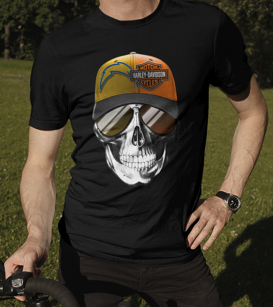 Los Angeles Chargers And Harley Davidson Motorcycle Skull Cap T-Shirt