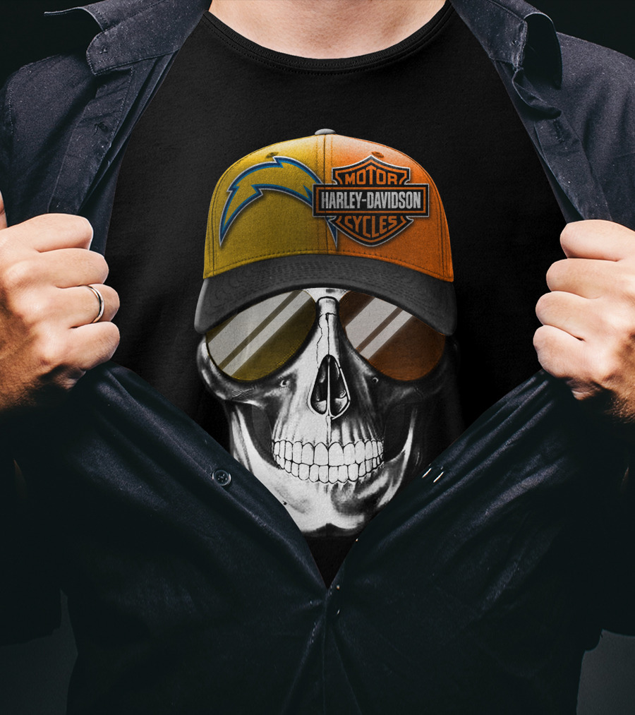 Los Angeles Chargers And Harley Davidson Motorcycle Skull Cap T-Shirt