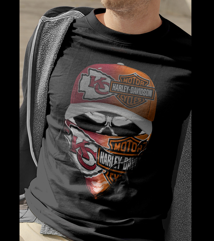 Kansas City Chiefs Harley Davidson Motorcycles Skull Mask And Cap T-Shirt