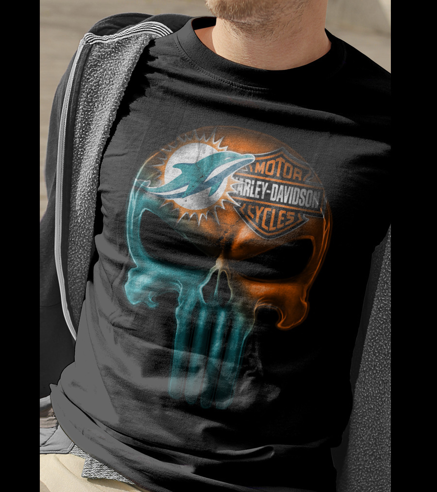 Miami Dolphins Harley Davidson Punisher Skull T-Shirt