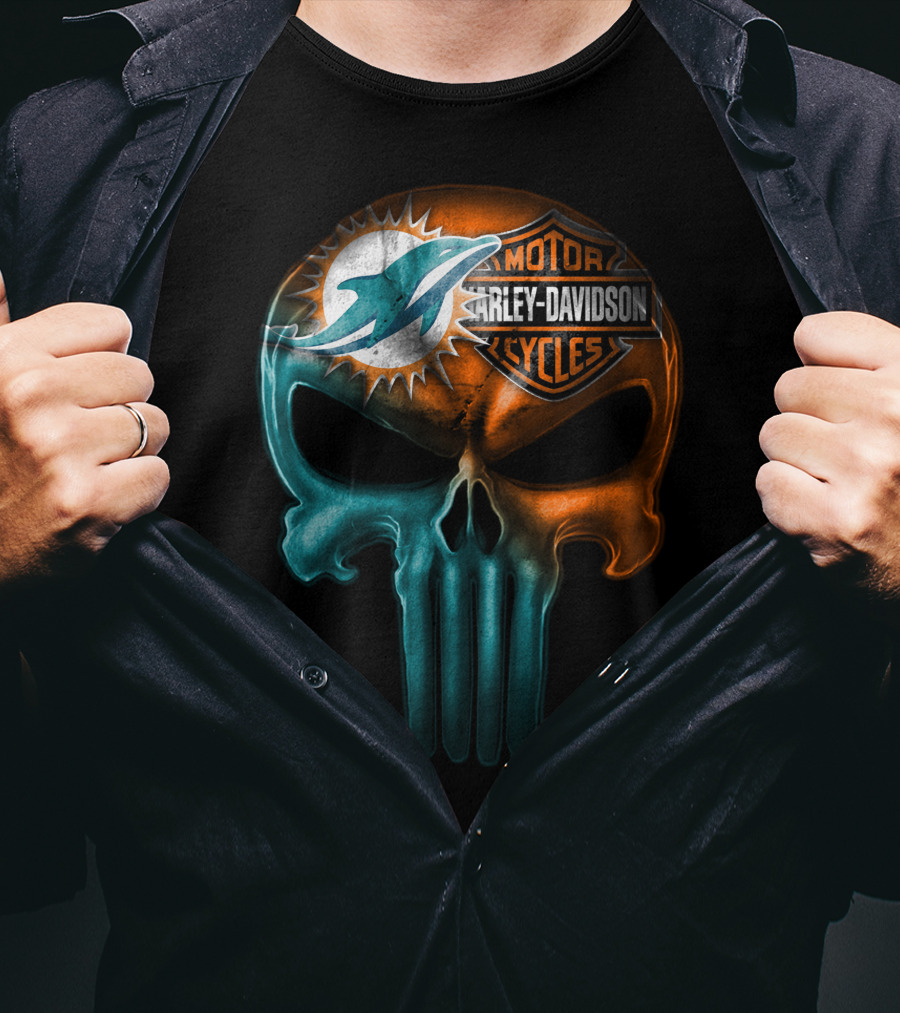 Miami Dolphins Harley Davidson Punisher Skull T-Shirt