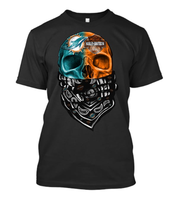 Miami Dolphins Harley Davidson Motorcycles Bandana Skull T-Shirt