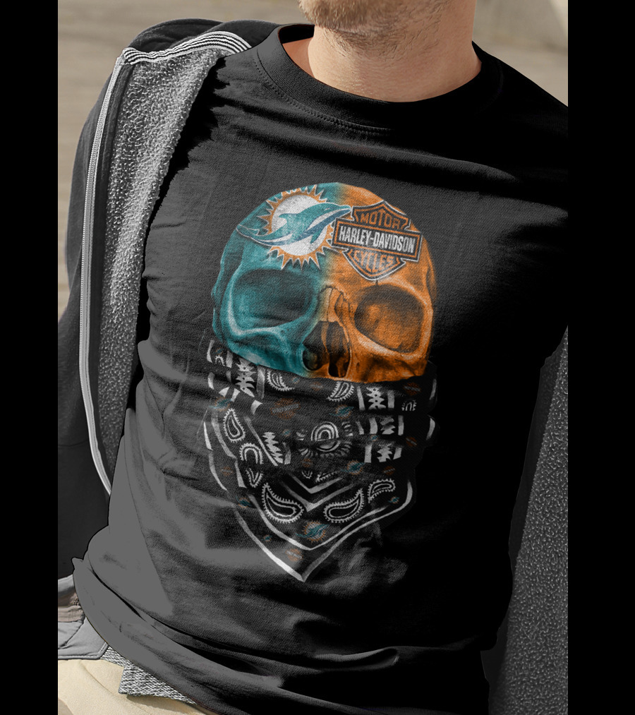 Miami Dolphins Harley Davidson Motorcycles Bandana Skull T-Shirt