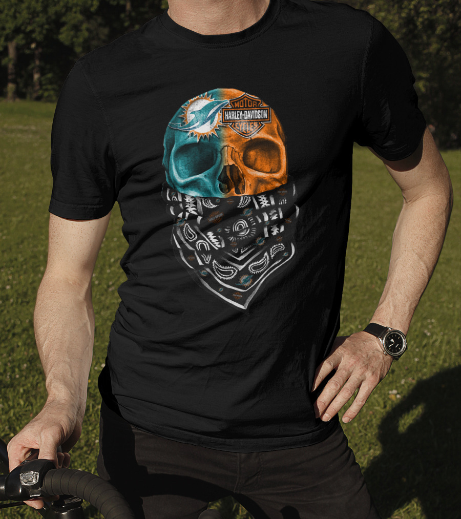 Miami Dolphins Harley Davidson Motorcycles Bandana Skull T-Shirt