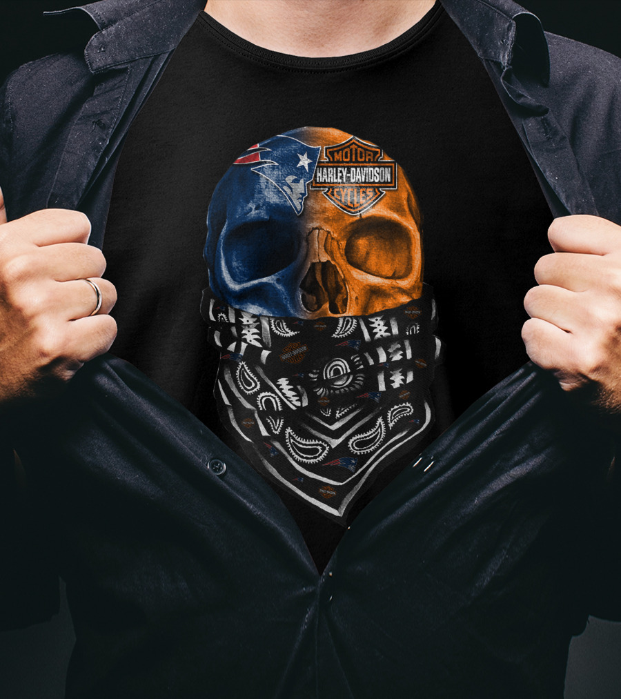 New England Patriots Harley Davidson Bandana Skull T-Shirt