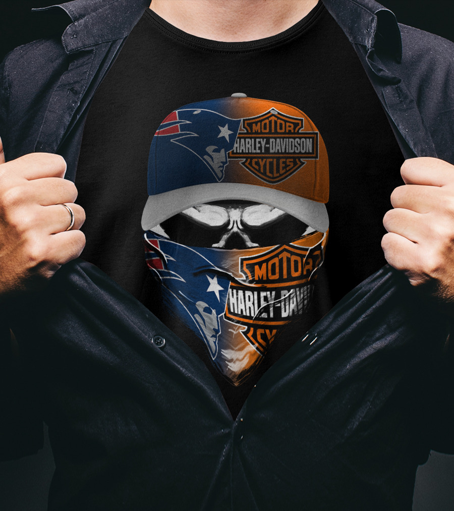 Harley Davidson Motorcycles New England Patriots Skull Bandana Cap T-Shirt