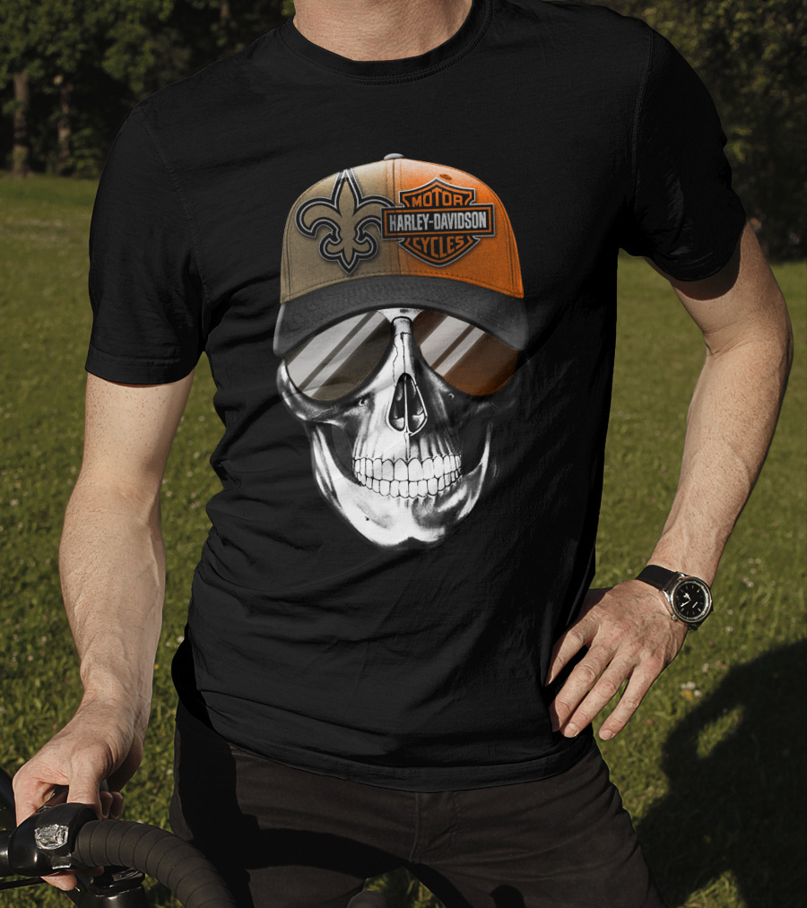 New Orleans Saints Harley Davidson Skull Hat T-Shirt