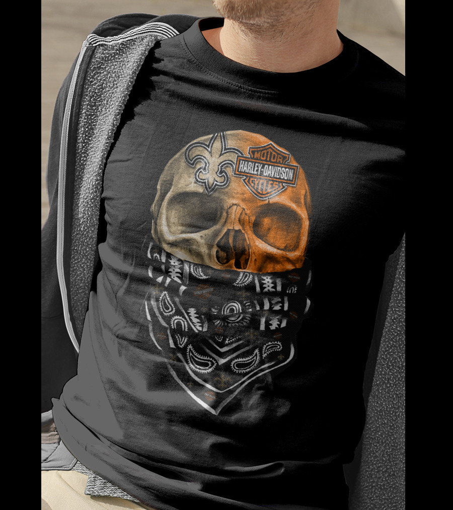 Harley Davidson Skull With Bandana And Fleur-De-Lis Symbol T-Shirt