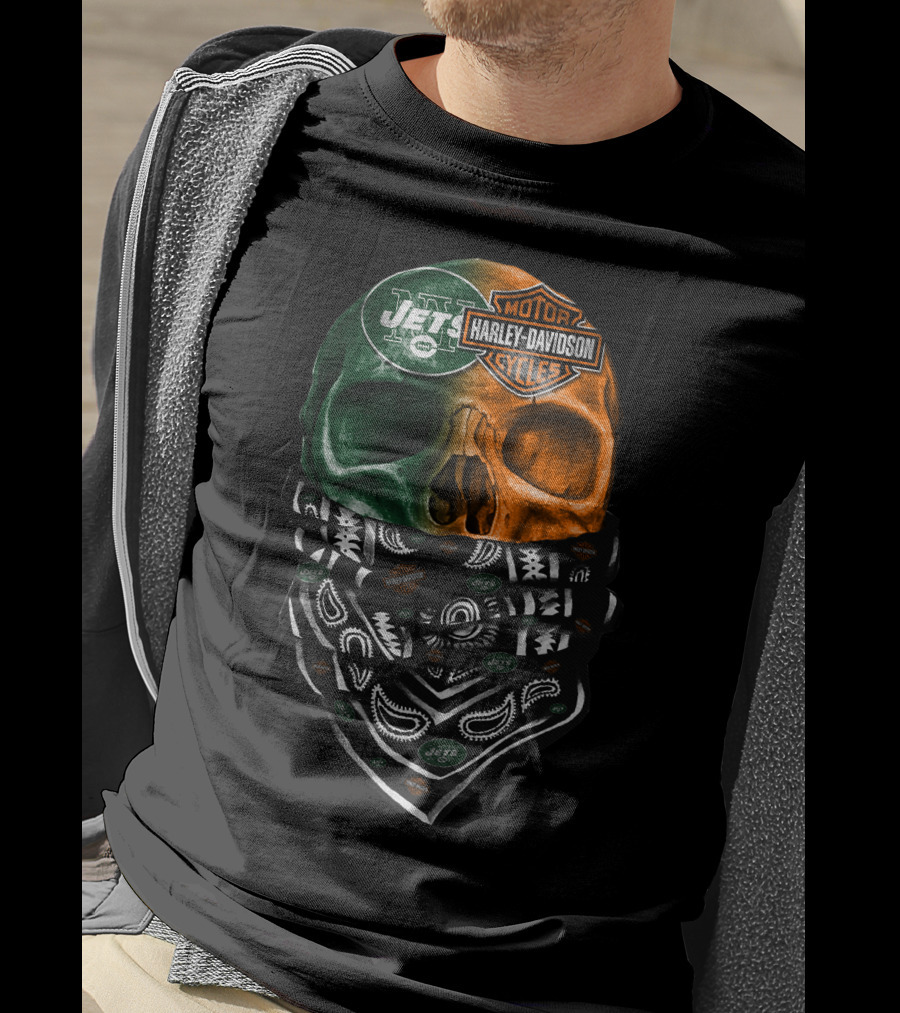 New York Jets Harley Davidson Green Orange Skull Bandana T-Shirt