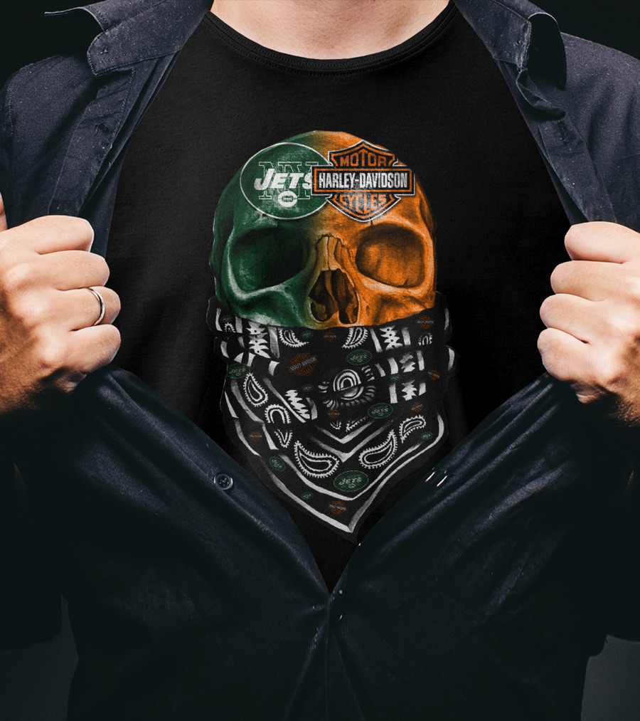 New York Jets Harley Davidson Green Orange Skull Bandana T-Shirt