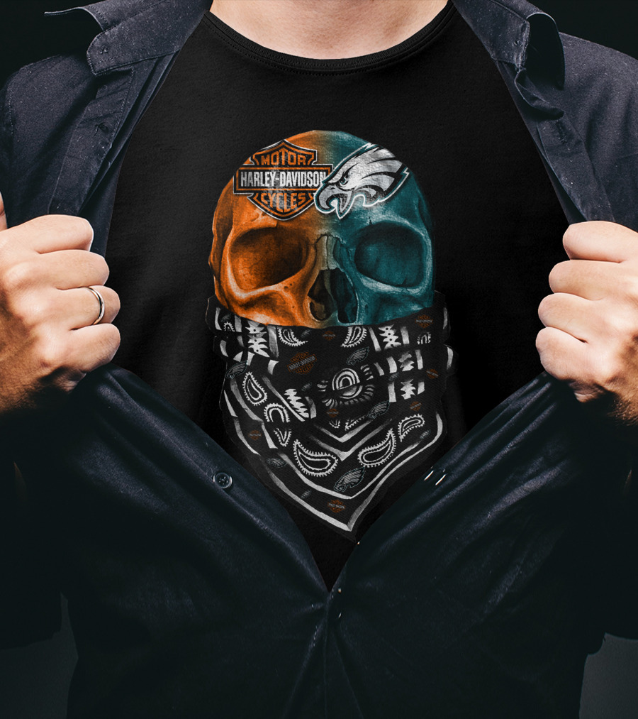 Harley Davidson Motor Cycles Philadelphia Eagles Skulls Bandana T-Shirt