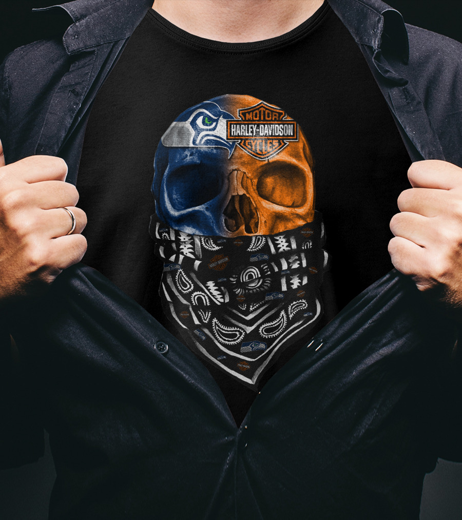 Seattle Seahawks Harley Davidson Skull Bandana T-Shirt