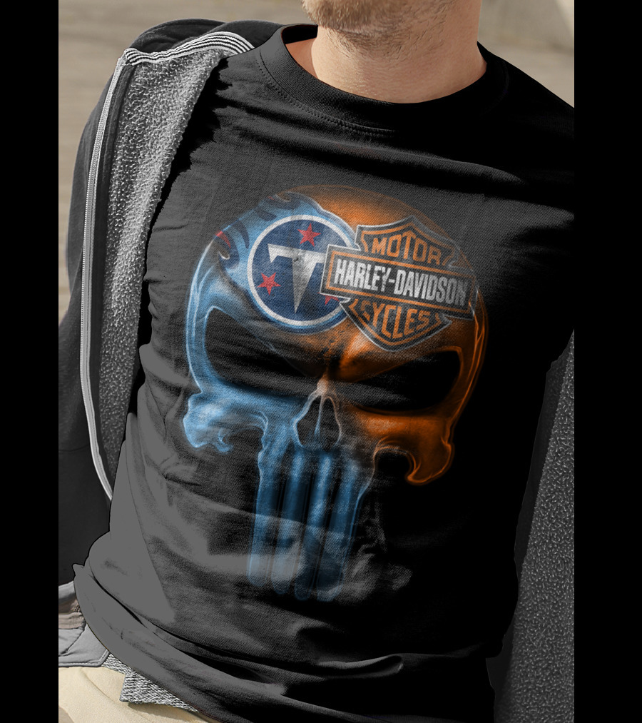 Harley Davidson Motorcycles And Tennessee Titans Logo Skull T-Shirt