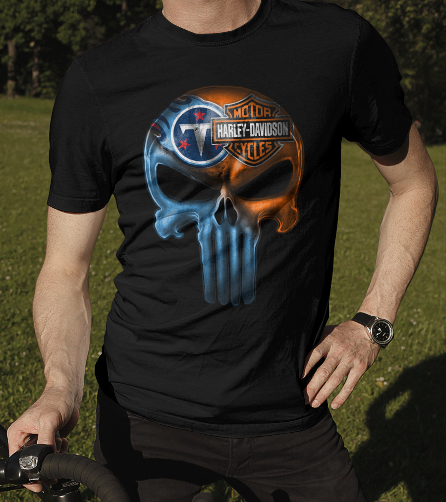 Harley Davidson Motorcycles And Tennessee Titans Logo Skull T-Shirt