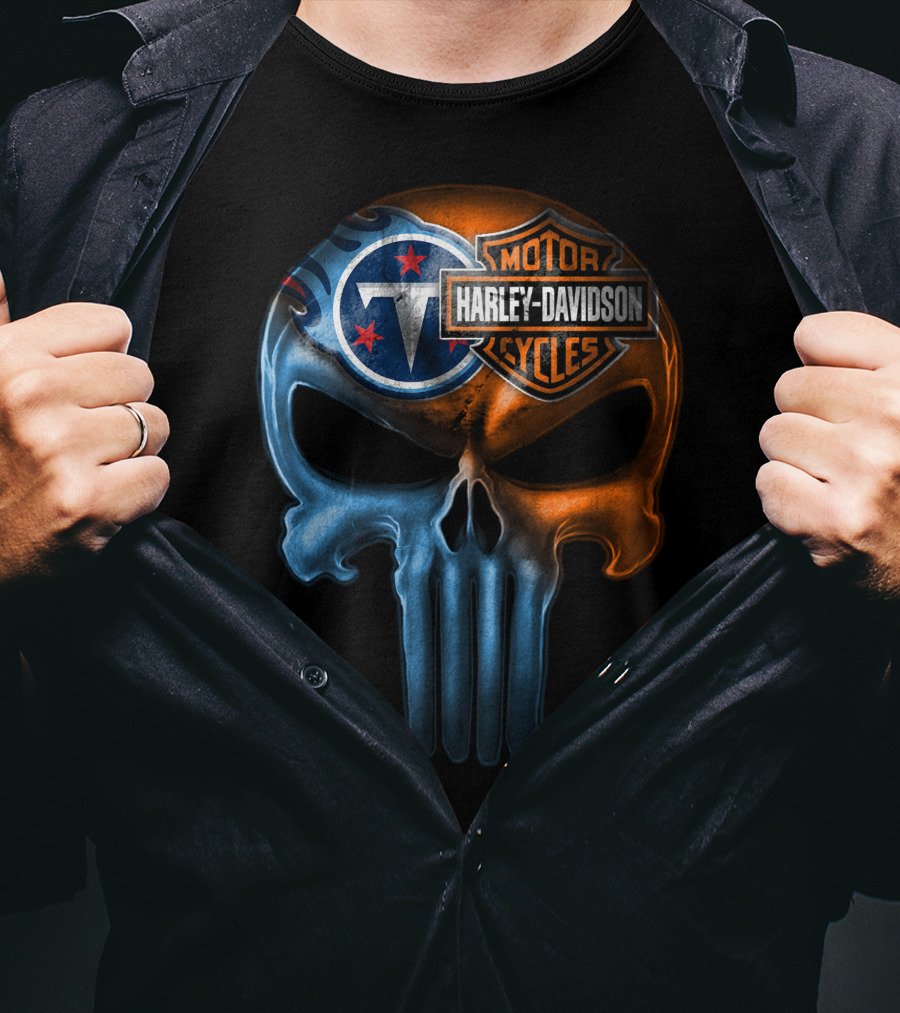 Harley Davidson Motorcycles And Tennessee Titans Logo Skull T-Shirt