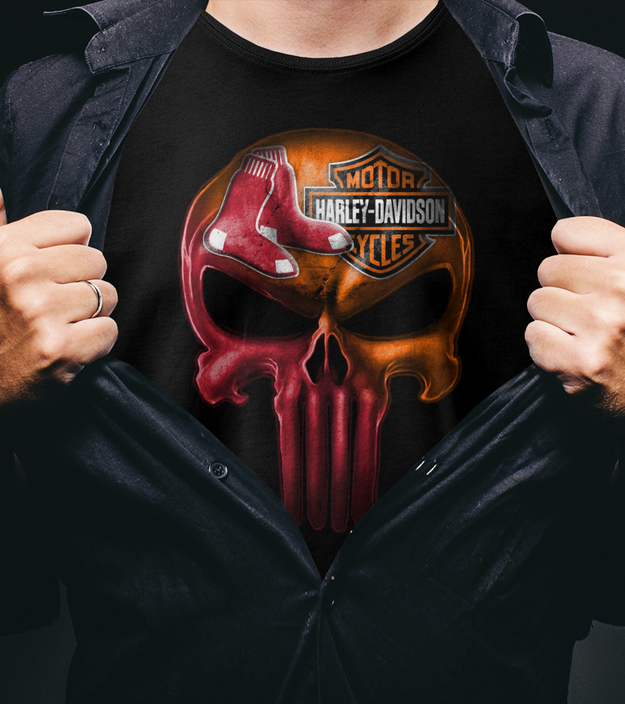 Harley Davidson Motorcycles Red Sox Logo Skull T-Shirt