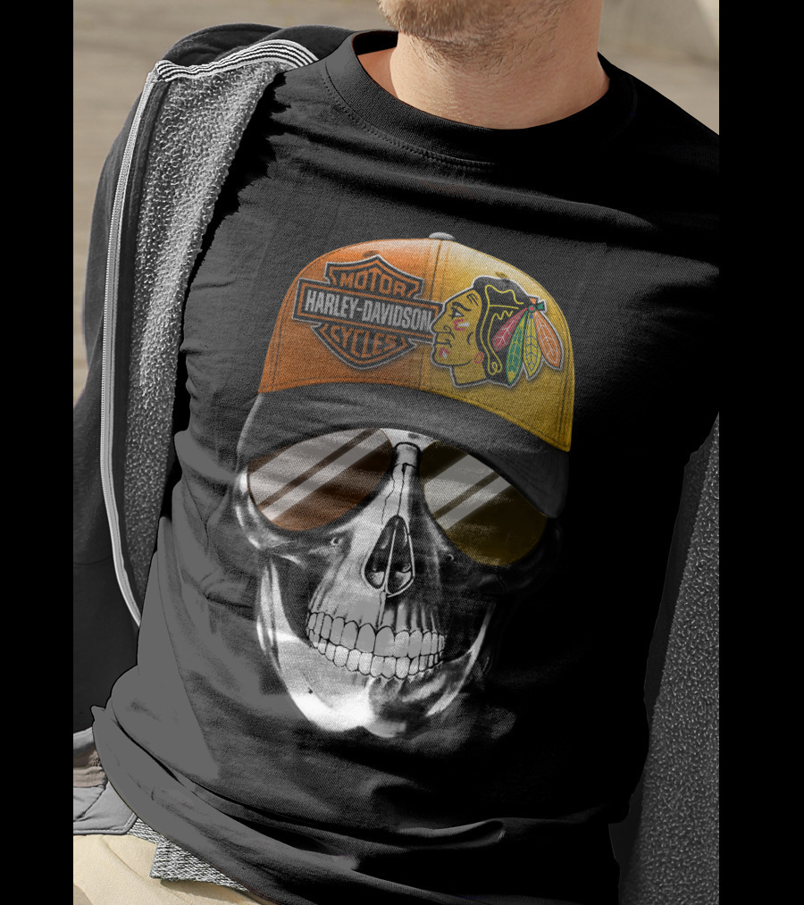 Harley Davidson Chicago Blackhawks Skull Cap T-Shirt
