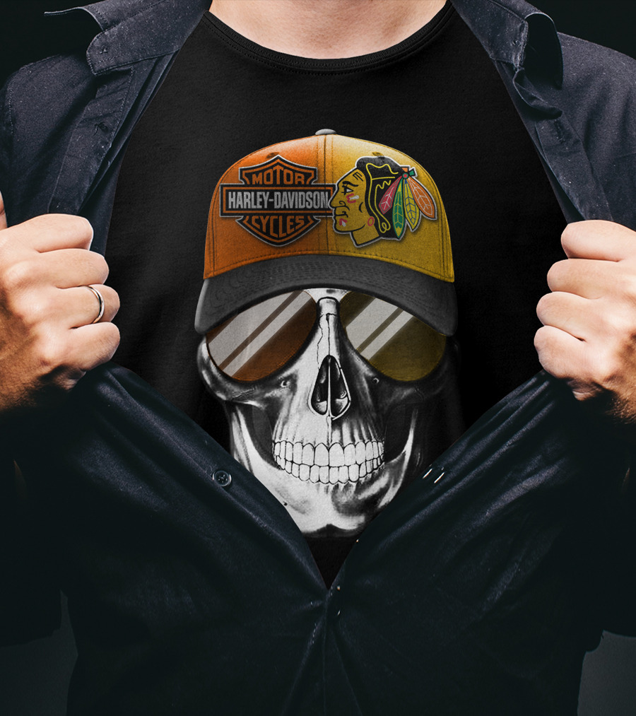 Harley Davidson Chicago Blackhawks Skull Cap T-Shirt