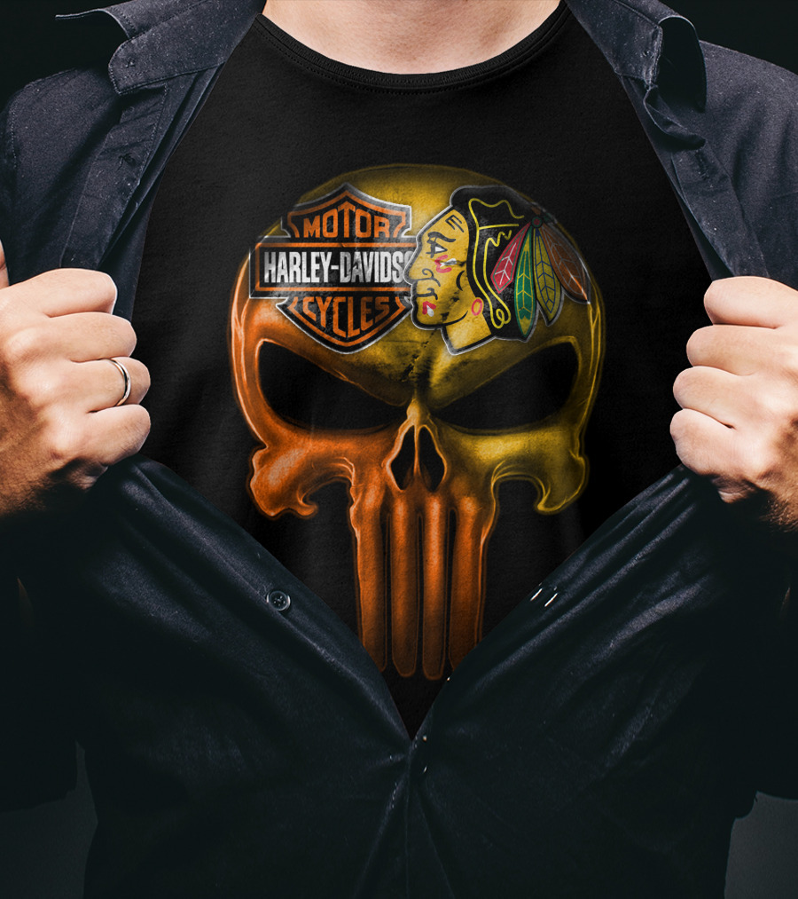 Harley Davidson Punisher Skull Chicago Blackhawks T-Shirt