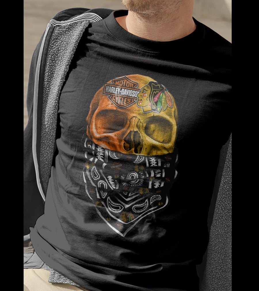 Harley Davidson Motorcycles Skull With Blackhawks Bandana T-Shirt